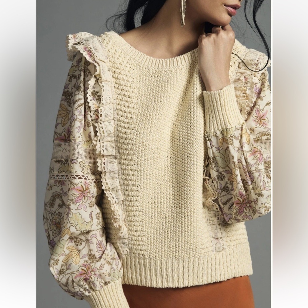 Anthropologie Cream Floral Printed-Sleeve Sweater Romantic Ruffle Detail Size XL